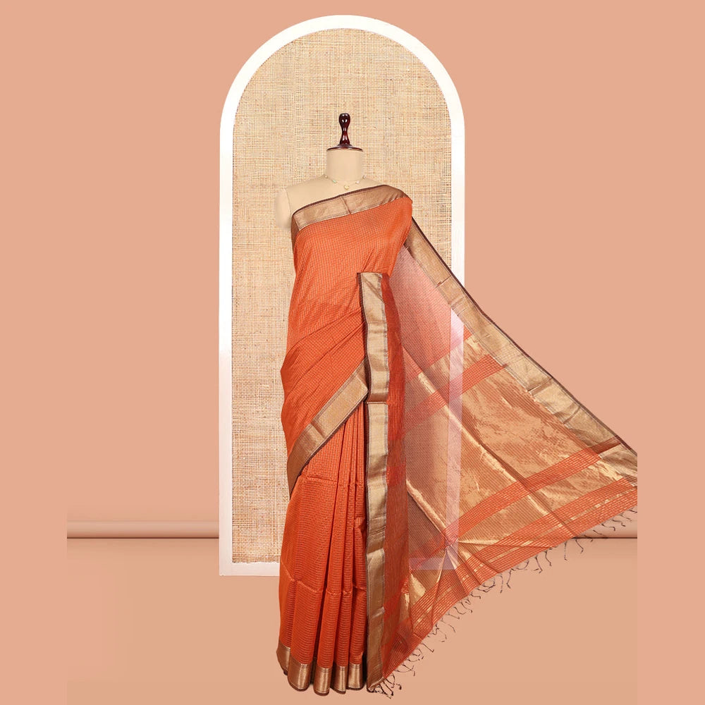 Pothys Rust Maheshwari Cotton Saree, Delicately Woven with Zari Checks, a Traditional Zari Border, Gleaming Zari Pallu, and a Matching Blouse